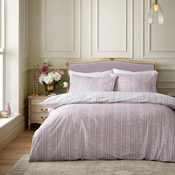 Image of Bridgerton Regency Stripe Floral Print Duvet Cover Bedding Set Pink