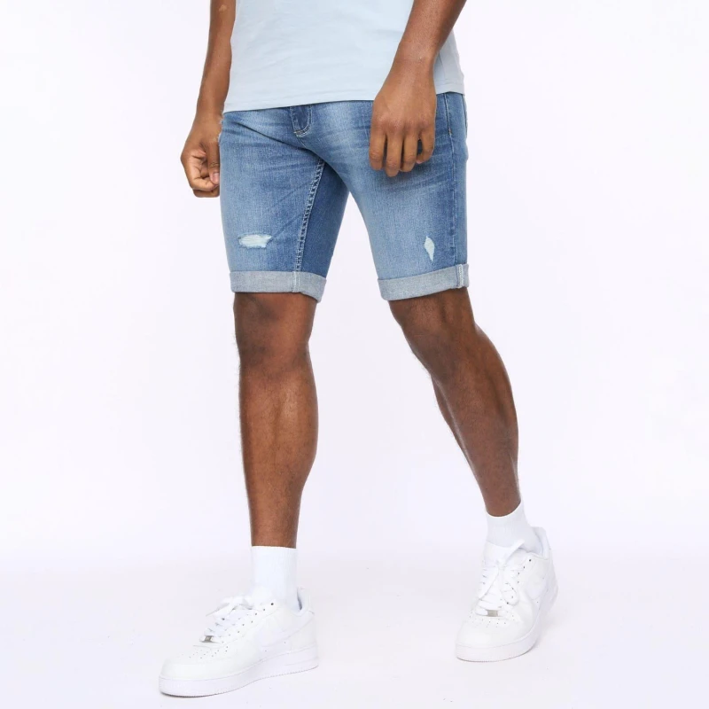 Image of Crosshatch Crosshatch Men Riptrey Abraised Denim Shorts in Mid Blue Size: 38 Mid Blue 38 Male 5059294477048