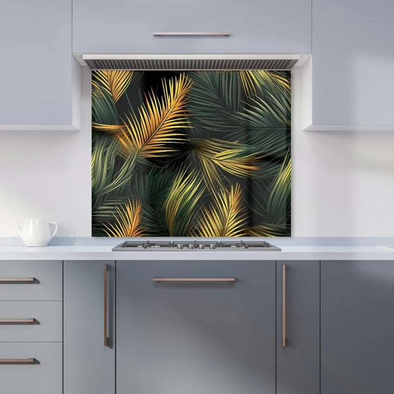 Image of Warren Reed - Designer Golden Palm Leaves Kitchen Splashback in Green Size: 600mm x 750mm Green Unisex 600mm x 750mm