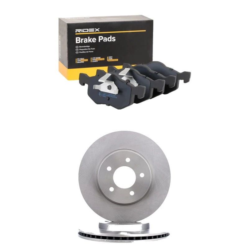 Image of RIDEX 3405B2585 Brake disc and pads set Front Axle, Brake Disc Type: internally vented, not prepared for wear warning indicator Brake Set,disc brakes
