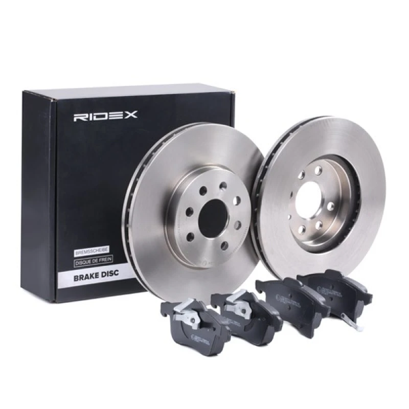 Image of RIDEX 3405B1497 Brake disc and pads set Front Axle, Brake Disc Type: internally vented, with acoustic wear warning, with piston clip Brake Set,disc b