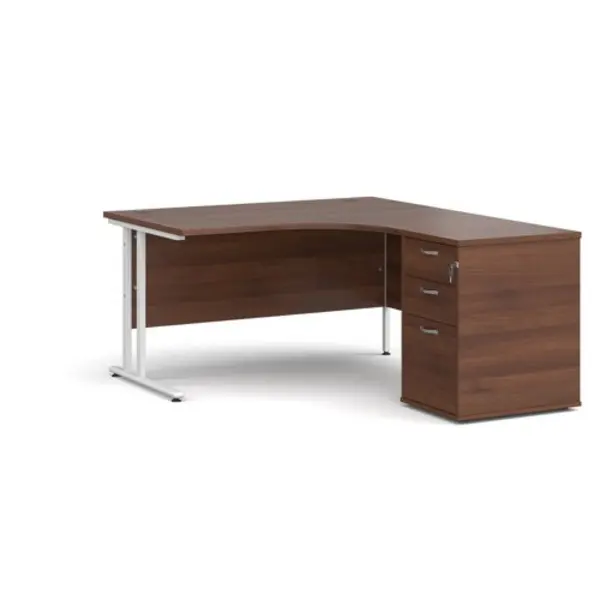 Image of Office Desk Right Hand Corner Desk 1400mm With Pedestal Walnut Top With White Frame Maestro 25