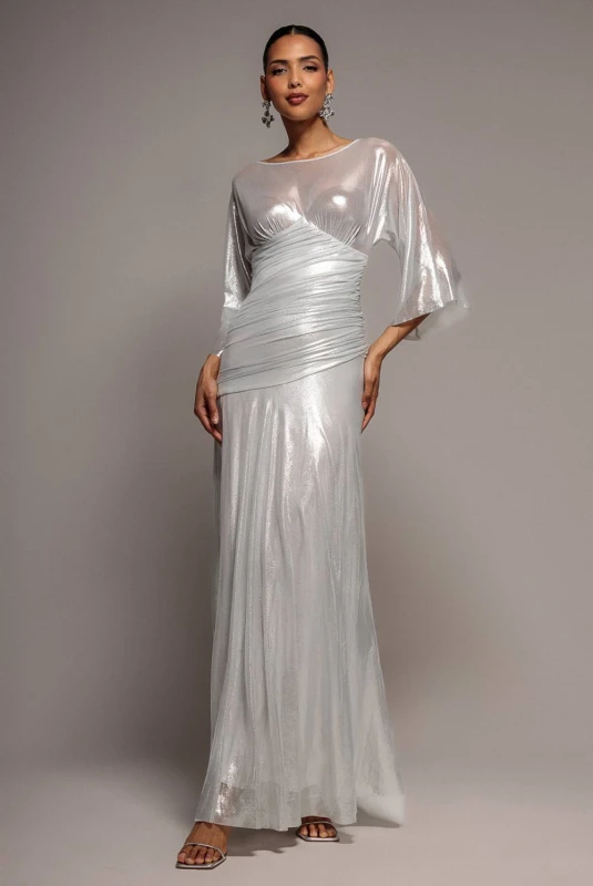 Image of Goddiva Womens Gravity Defying Naked Maxi Dress in Silver Size: 6 Silver Female 6