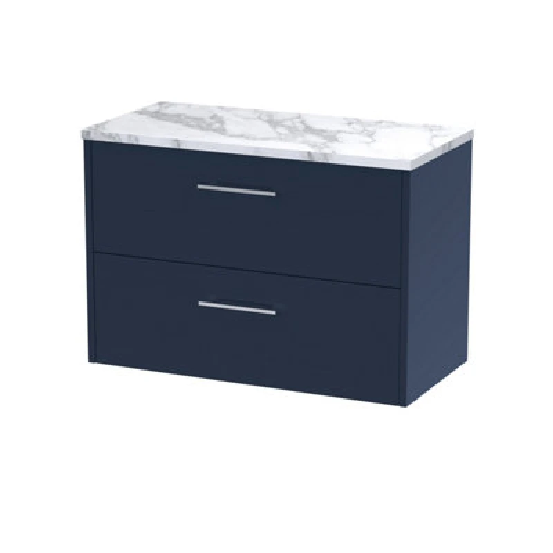 Image of HUDSON REED Hudson Reed - Juno Wall Hung 2-Drawer Vanity Unit with Carrera Marble Worktop 800mm Wide - Midnight Blue JNU2926LCM
