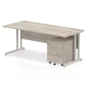 Image of Impulse 1800 Straight Cantilever Silver Workstation With Two Drawer Mobile Pedestal Bundle Grey Oak