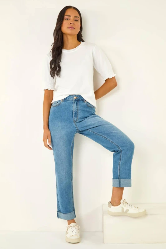 Image of Roman Womens Petite Turn Up Pocket Jeans in Mid Blue Size: 14 Mid Blue Female 14