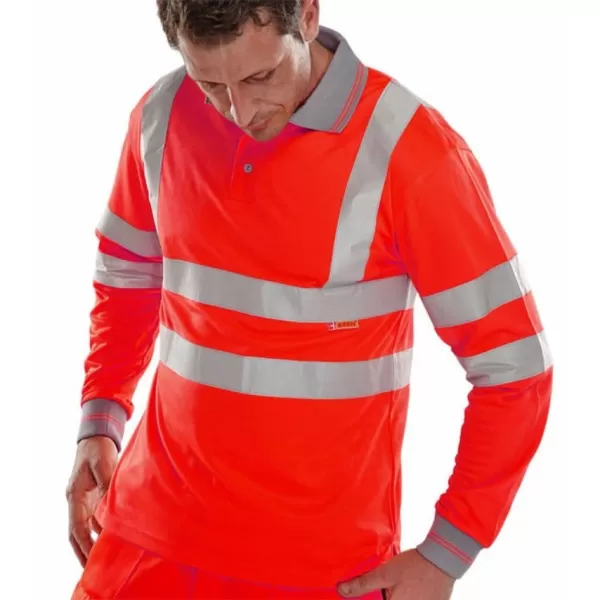 image of B SEEN High Visibility Polo Shirt, Long Sleeved, Red, Small