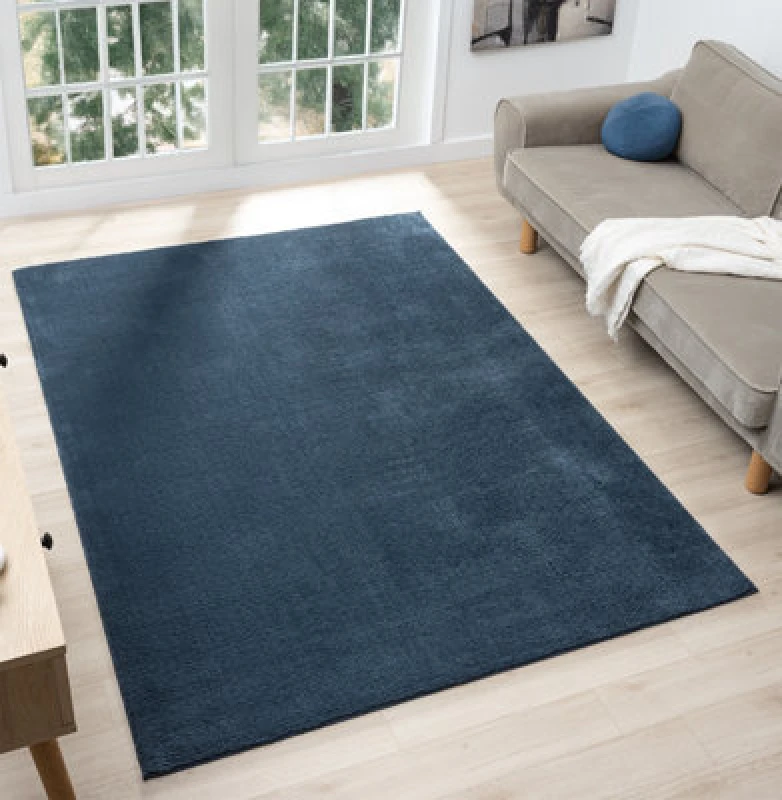 Image of Comfy Washable Low Pile Living Room Area Rug - Anti Slip Felt Backing Navy 60Cm X 100Cm
