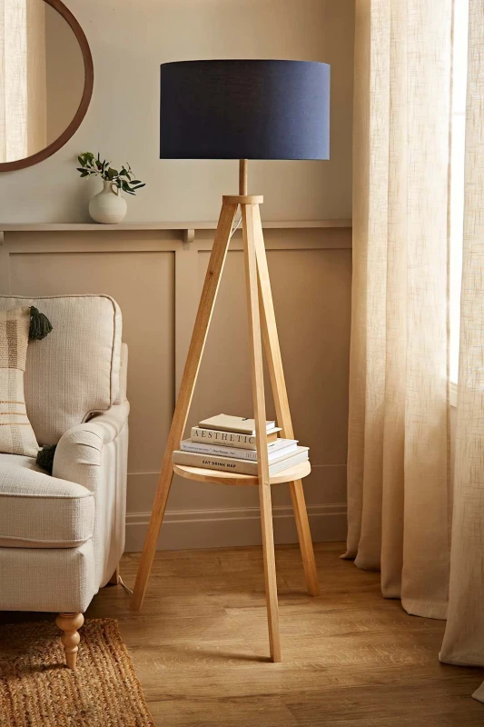 Image of ValueLights Morrigan Light Wood Tripod Floor Lamp With Fabric Drum Lamp Shade Dark Navy