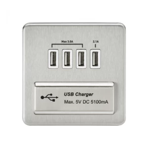 image of KnightsBridge 1G Screwless Brushed Chrome Quad USB 5V Charger Outlet - White Insert