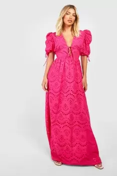 Image of Broderie Puff Sleeve Tie Front Maxi Dress