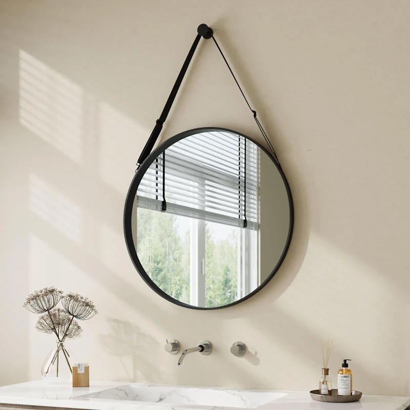 Image of Cottonfy UK Round Hanging Mirror with Adjustable Strap, 70cm - Black L
