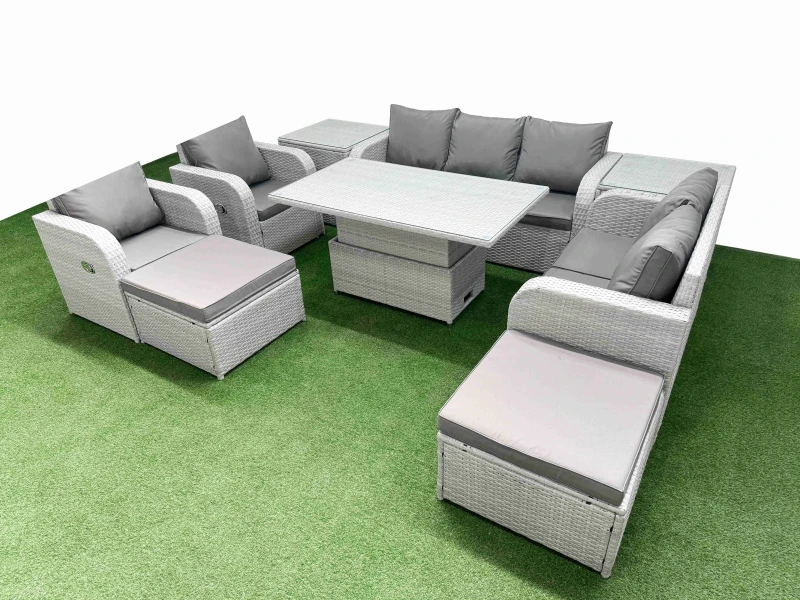 Image of Fimous PE Rattan Garden Furniture Set Adjustable Lifting Dining or Coffee Table 2 Big Footstool 2 Side Table Light Grey