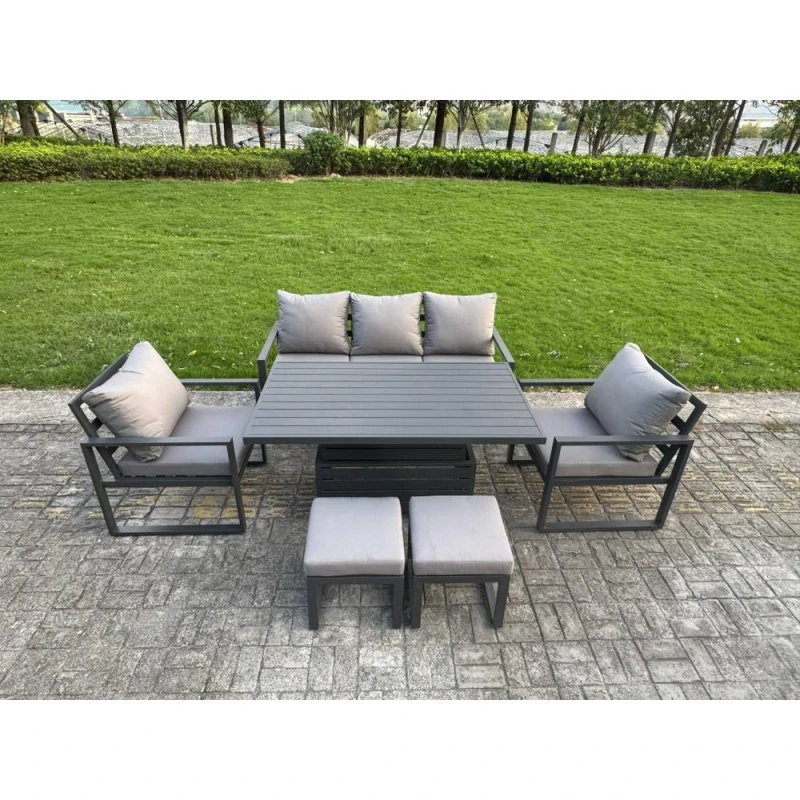 Image of Fimous Aluminum 6 Piece Sofa Set with Lifting Table, 2 Chairs & 2 Small Stool in Dark Grey Dark Grey Unisex