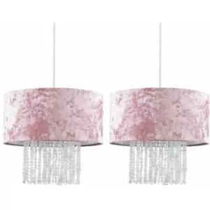 image of Minisun - 2 x Pink Velvet Ceiling Pendant Light Shades With Clear Acrylic Droplets