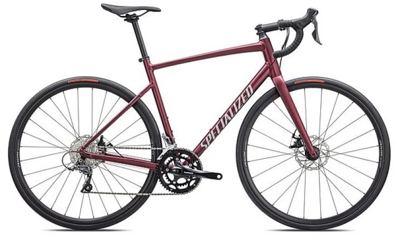 Image of Specialized 2025 Allez Road Bike 56 Satin Maroon / Silver Dust / Flo Red - Cycles UK