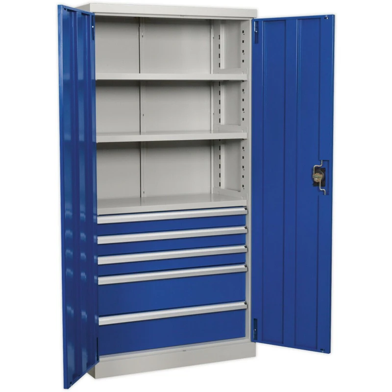 Image of Loops 1800mm Double Door Industrial Cabinet - 5 Drawers & 3 Shelves - 3 Point Lock Multi