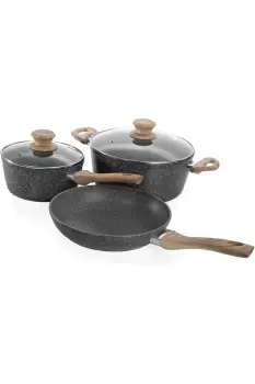 Image of Anthracite Grey 5pce Kitchen Cookware Non Stick Frying Pan Saucepan Cooking Stock Pot Full Pan Set with Lids - Wooden Finish Handles