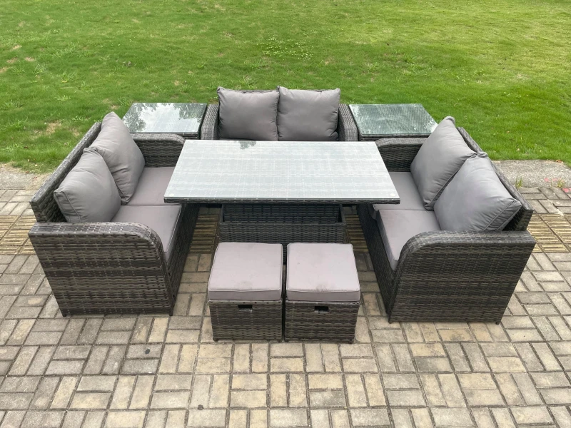 Image of Fimous Rattan Garden Outdoor Furniture 3 PC Love Sofa Set Patio Adjustable Rising lifting Dining Table With 2 Side Tables 2 Small Footstools Dark Grey
