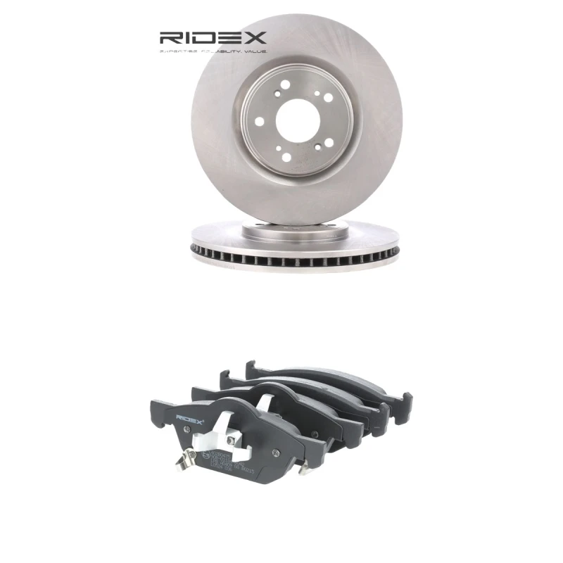 Image of RIDEX 3405B2860 Brake disc and pads set Front Axle, Brake Disc Type: Vented, with acoustic wear warning Brake Set,disc brakes (3405)