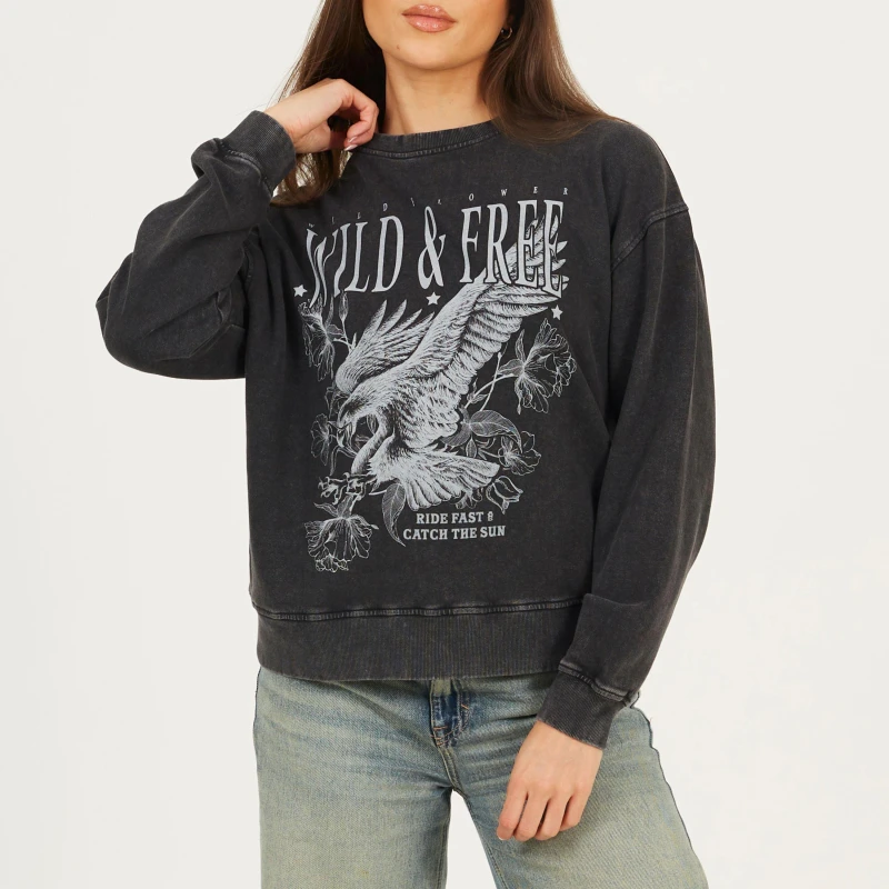Image of Brave Soul Womens Crew Neck Graphic Sweatshirt Black Acid Wash female 8 (XS)