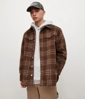 Image of AllSaints Mens Nikko Check Overshirt, Wicker Brown, Size: M