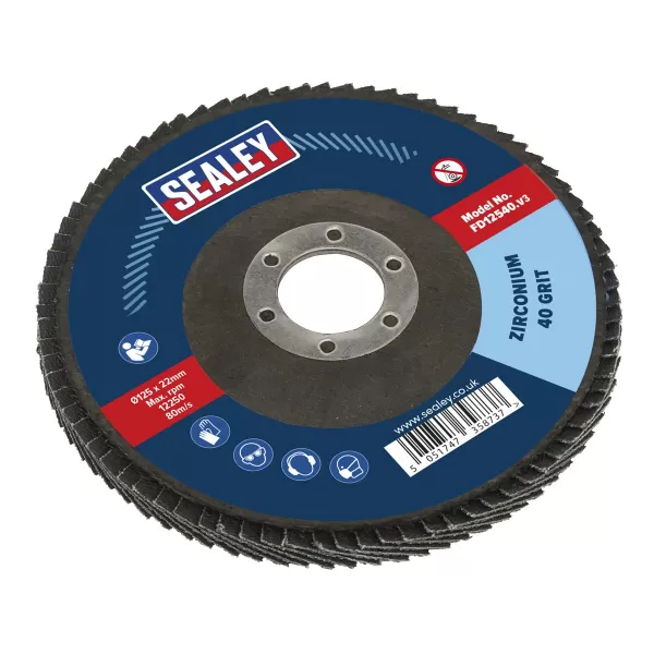 Image of Genuine SEALEY FD12540 Flap Disc Zirconium Ø125mm 22mm Bore 40Grit