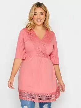 Image of Yours Short Sleeve Crochet Trim Tunic Sunkissed - Coral Pink, Red, Size 16, Women