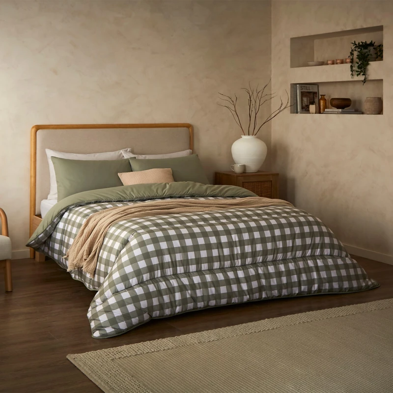 Image of Night Lark by Fine Bedding Company Gingham Coverless Duvet Set, 10.5 Tog, King, Olive