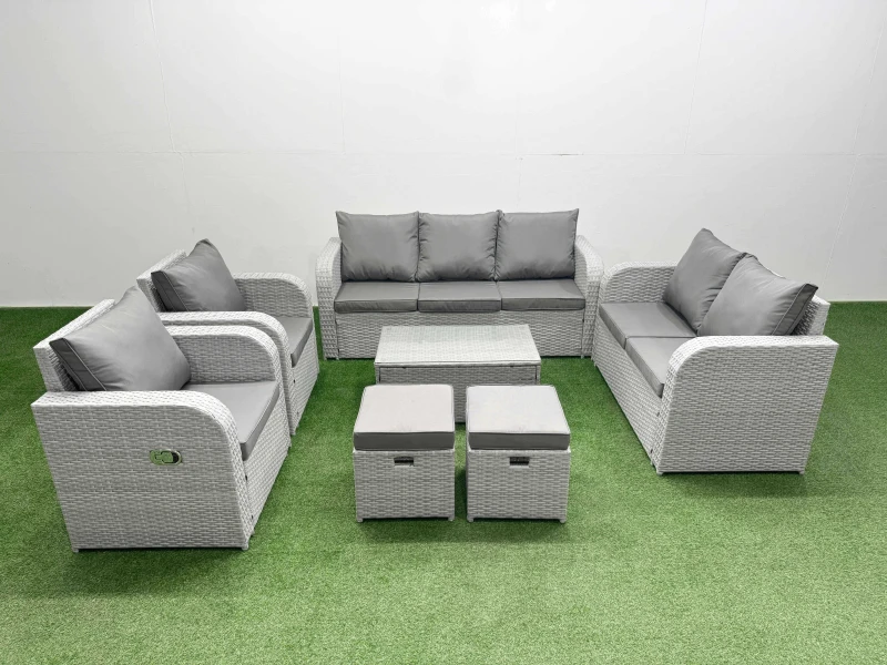 Image of Fimous PE Rattan Garden Furniture Set Adjustable Chair Sofa Double Love Seat 2 Seater Sofa Lounge Set Oblong Coffee Table 2 Stools Light Grey Light Gr