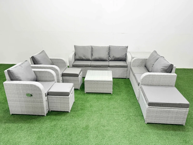 Image of Fimous PE Rattan Garden Furniture Set Adjustable Chair Sofa Double Love Seat 2 Seater Sofa Lounge Set Square Coffee Table 3 Stools Side Table Light Gr