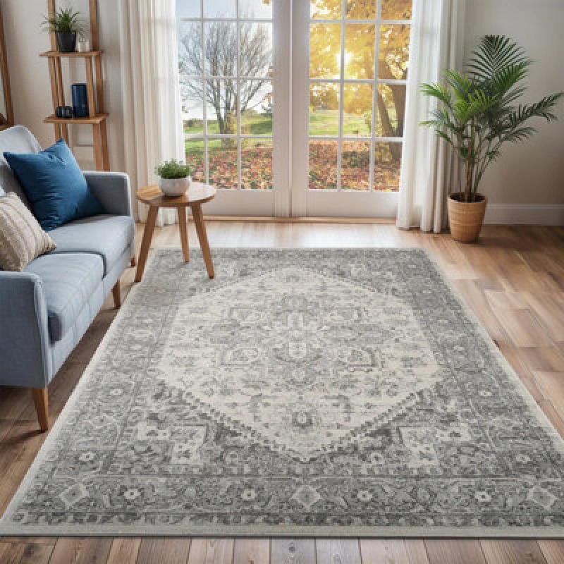Image of Livabliss Vintage Oriental Boho Grey/white Farah Area Rug 160 X 220 Cm - Easy Care, Non Shedding, Ideal For Living Room & Bedroom