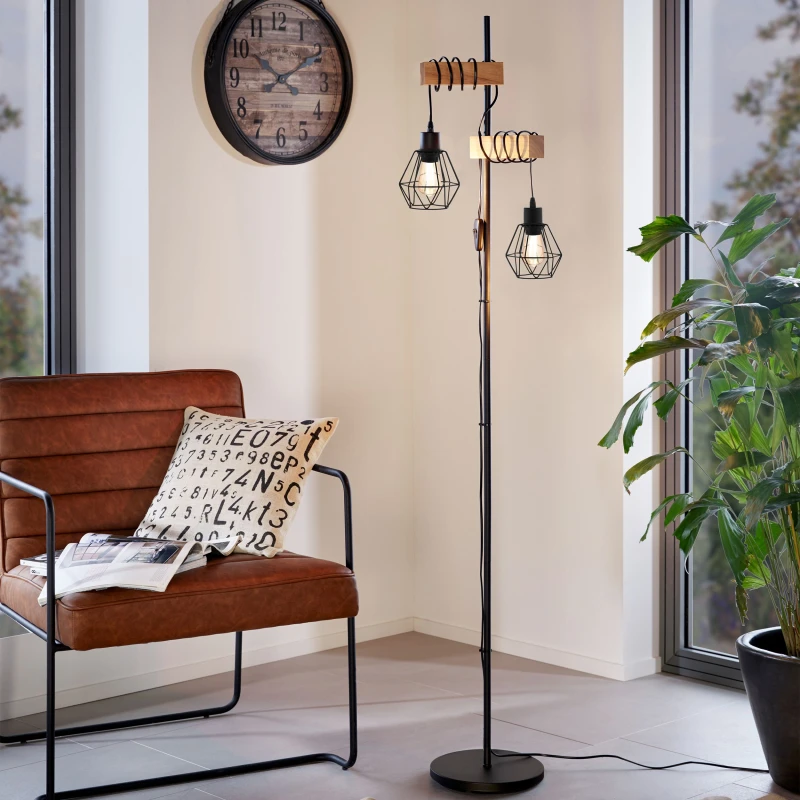 Image of EGLO Townshend 5 Black/Natural Metal & Wood 2-Light Floor Lamp - Industrial Style (D) 25cm Black