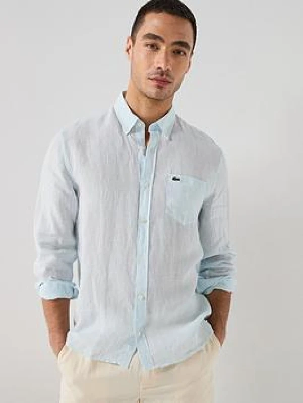 Image of Lacoste Long Sleeve Linen Shirt - Blue Blue S