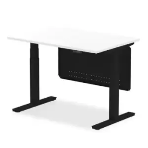 Image of Air 1200 x 800mm Height Adjustable Desk White Top Black Leg With Black Steel Modesty Panel