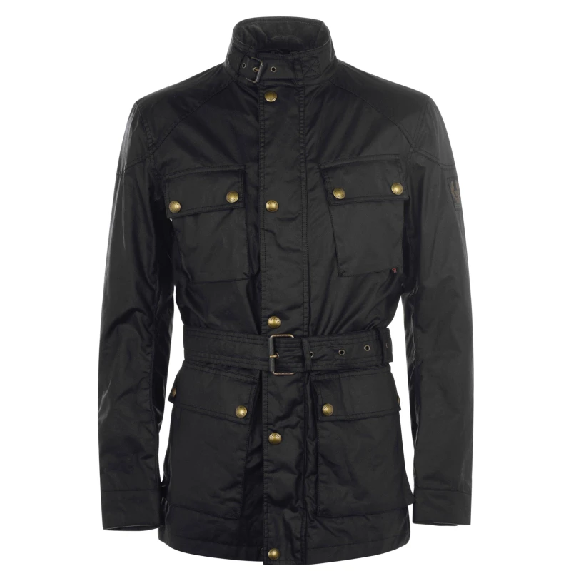 Image of Belstaff Mens Trialmaster Water and Wind Resistant Waxed Cotton Long Sleeve Wax Jacket Black male 2XL (54)
