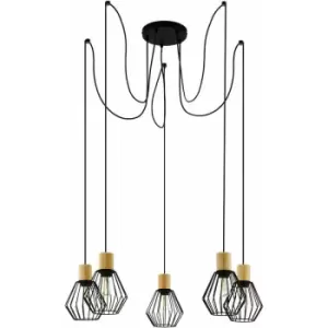 image of Hanging Ceiling Pendant Light Black Cage & Wood 5x E27 Multi Bulb Feature Lamp