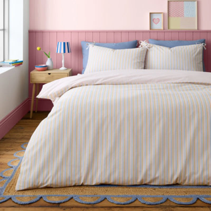 Image of Catherine Lansfield Brighton Stripe Easy Care Duvet Cover Bedding Set Pastel