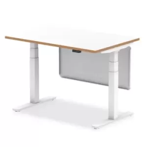 image of Oslo 1200mm Height Adjustable Desk White Top Natural Wood Edge White Frame With White Steel Modesty Panel