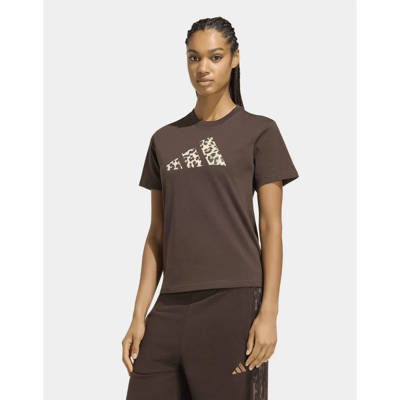 Image of Adidas SPORTSWEAR Leopard Print Logo Short Sleeve T-Shirt Brown/Leopard Cotton XS