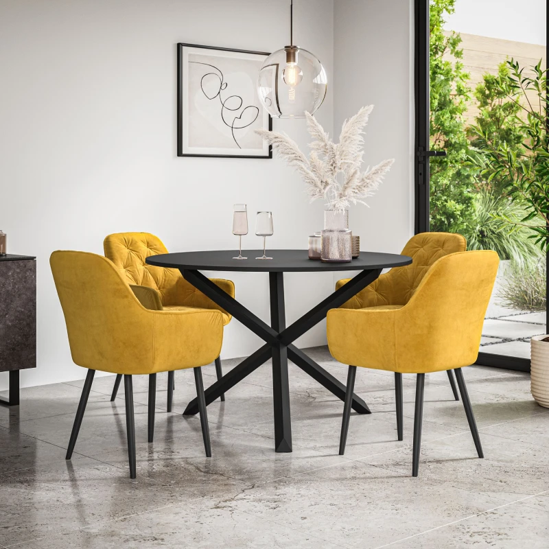 Image of More4Homes Malvern Round Dining Table And Chairs - Black Table Top W Solid Black Oak Legs + Anika Velvet Dining Chair Set Of 4 (Mustard)