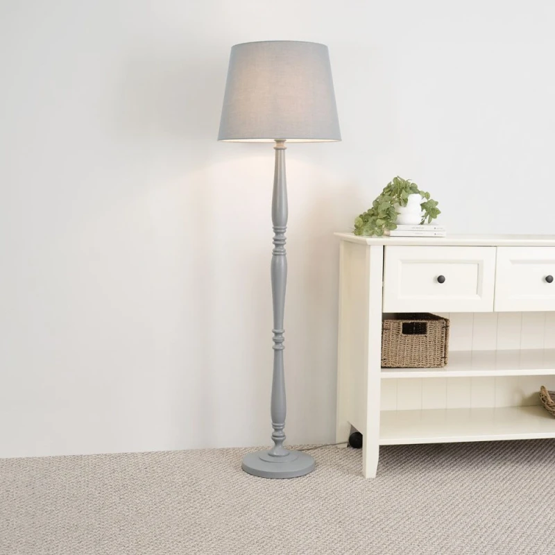 Image of ValueLights Victoria White Wood Traditional Floor Lamp with Fabric Tapered Shade and Bulb Grey