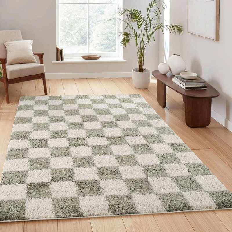 Image of Chester Living Room Shaggy Area Rug Modern - Contemporary Checkered Design - Hallway Runner Indoor Rug Sage 200X290 Cm