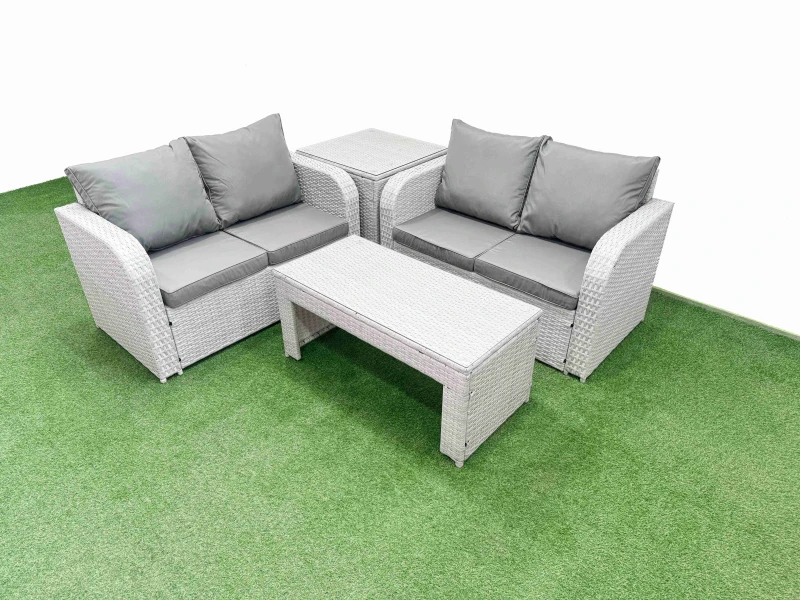 Image of Fimous 4 Seater Outdoor Love Sofa Set Rattan Garden Furniture Set with Oblong Coffee Table Side Table Light Grey Light Grey