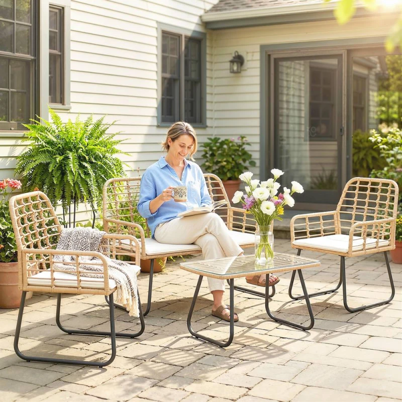Image of OUTSUNNY Rattan Garden Furniture Set, 4 Piece Outdoor Patio Furniture in Natural Natural Unisex