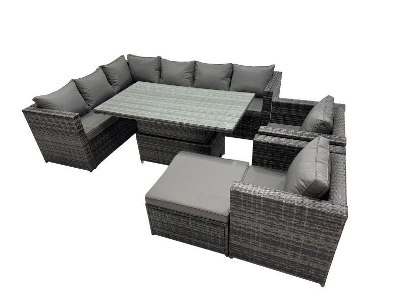 Image of Fimous 9-seater Rattan Garden Furniture Dining Set with Big Stool in Dark Grey Dark Grey Unisex