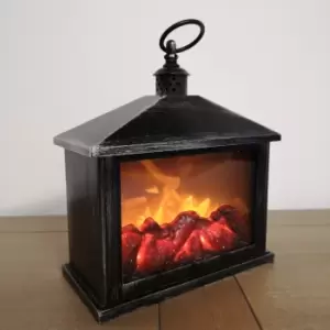 image of 28cm Premier Christmas Battery Fireplace Lantern with Realistic Flame Effect in Rustic Silver