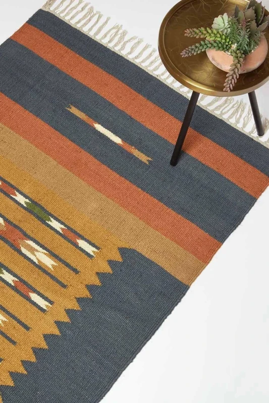 Image of Homescapes Lundi Orange & Blue Kilim Cotton & Jute Rug Size: 120cm x 170cm Orange Unisex 120cm x 170 cm