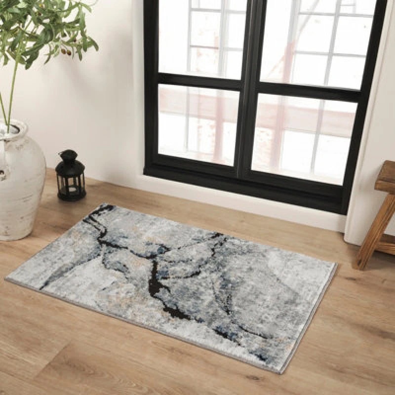 Image of Livabliss Abstract Modern Marble Dark Blue Lyna Area Rug 60 X 90 Cm - Easy Care, Non Shedding, Ideal For Living Room & Bedroom