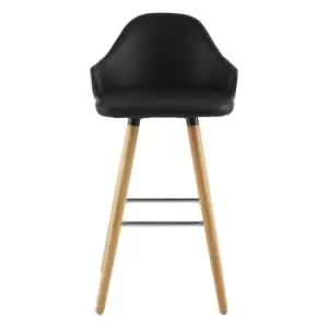 Image of Bar Stool in Black Leather Effect with Beech Wood Legs